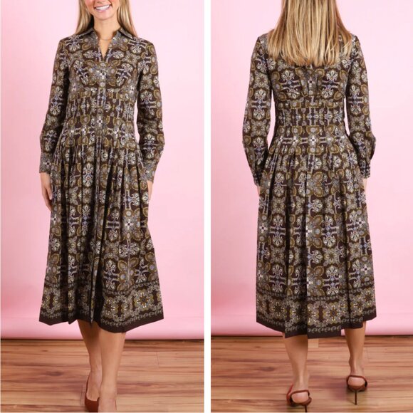 Cara Cara Cameron Tile-Print Cotton Poplin Shirtdress Medium Vintage Tile Brown